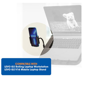 LEVO phone holder beside laptop stand enables quick access.