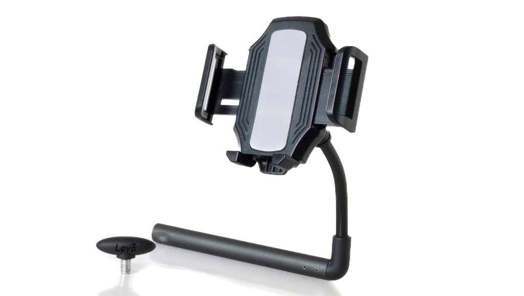 Side view of LEVO phone holder showing stable multitasking setup.