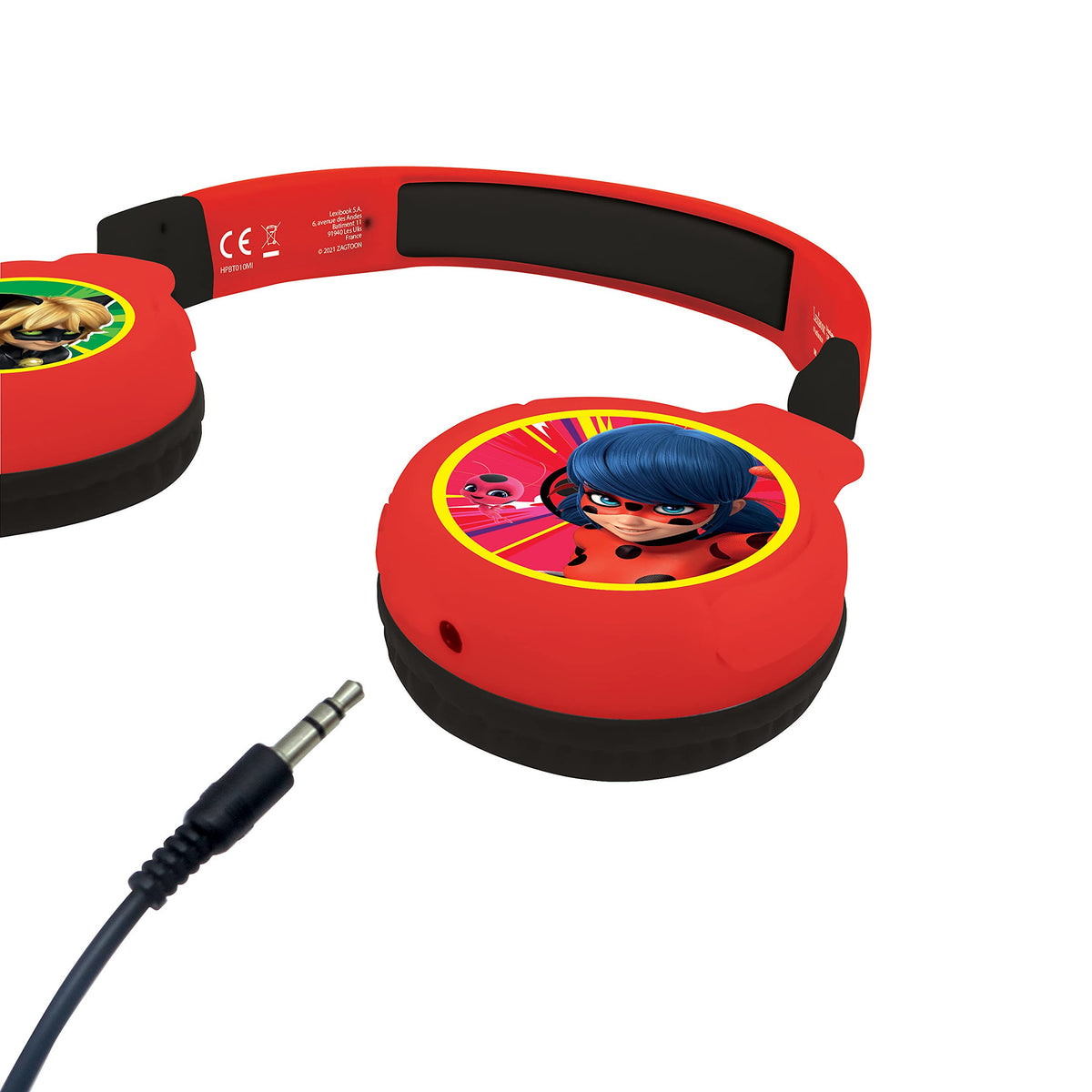 LEXiBOOK Miraculous Cat Noir headphones with built-in mic and remote controls.