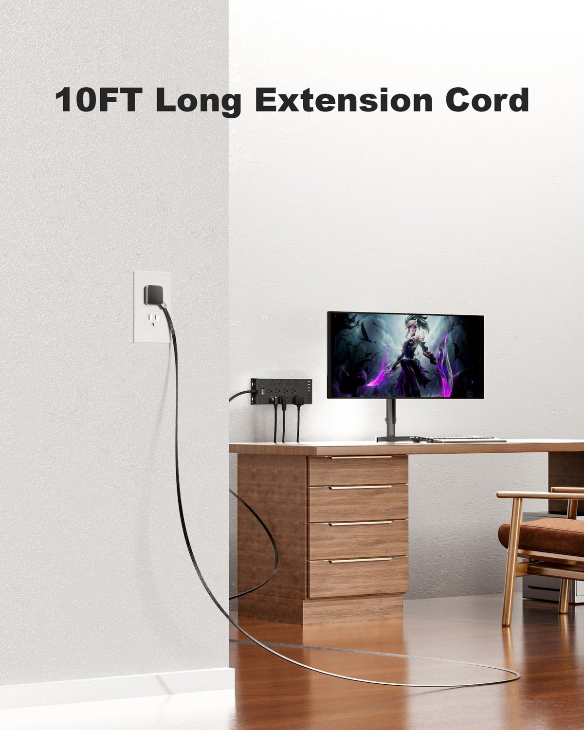 LeZone full 10ft cord stretched to show extended reach to outlets