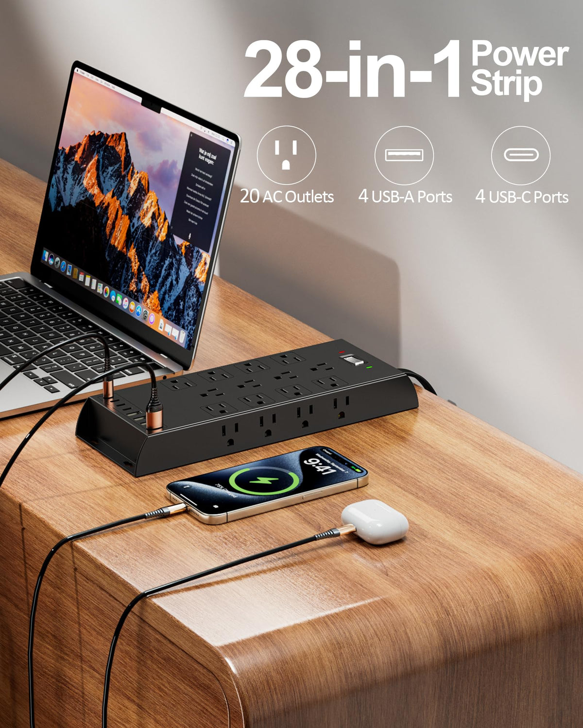 LeZone ultra-thin flat plug close-up fits behind furniture for space saving