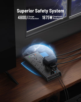 LeZone power strip securely wall-mounted offering elevated outlet protection