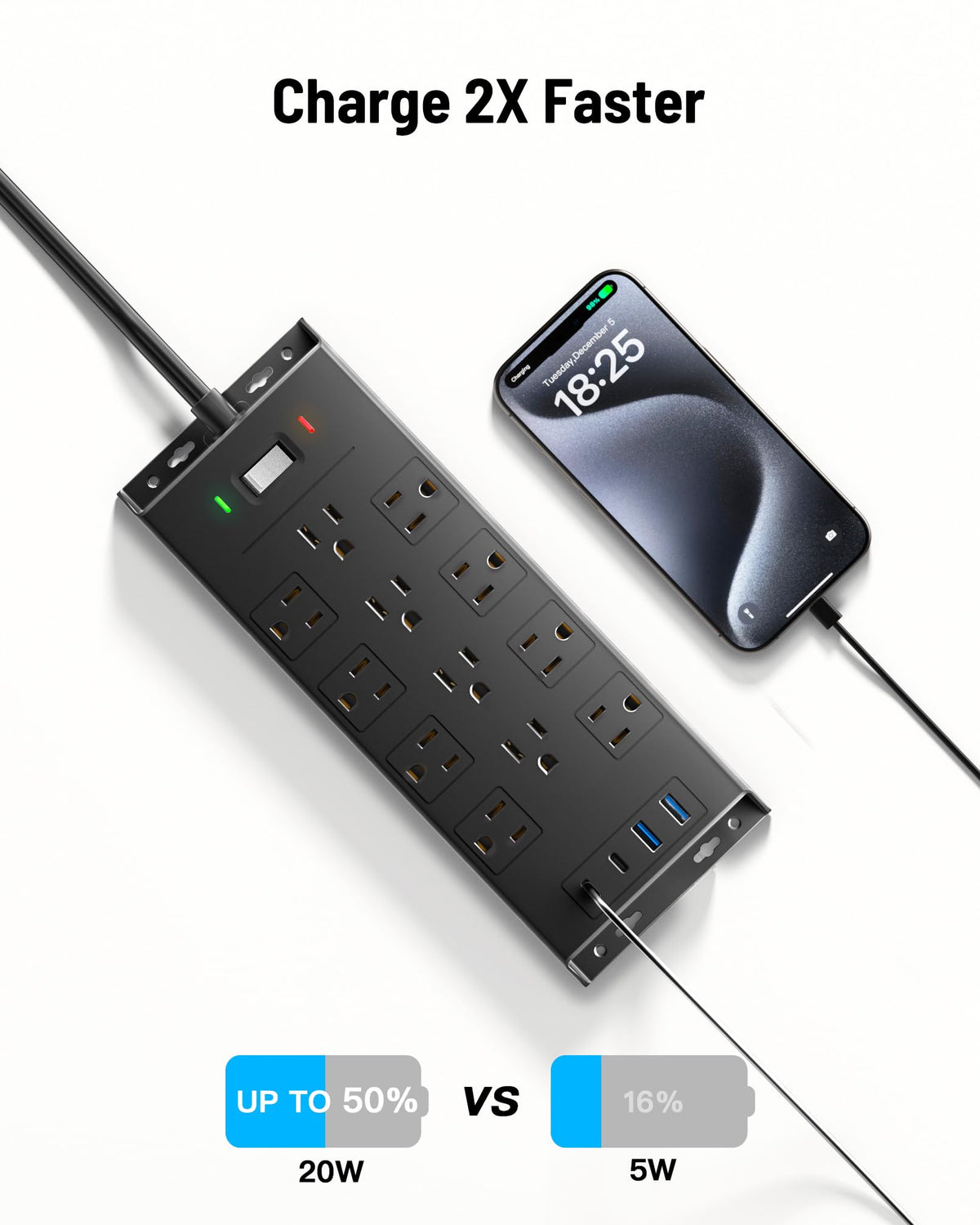 LeZone surge protector black finish adds a sleek look to any desk setup.