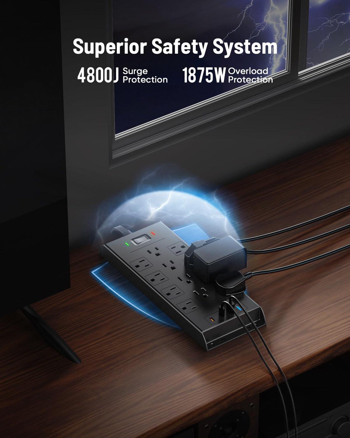 LeZone surge protector flat plug sits flush behind furniture to save space.