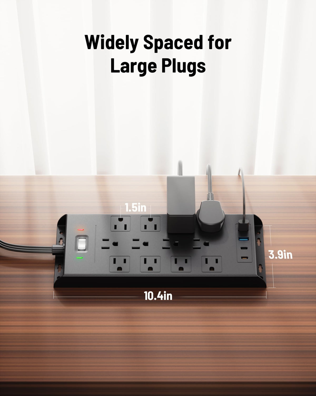 LeZone surge protector wall-mount design keeps cables tidy and surfaces clear.