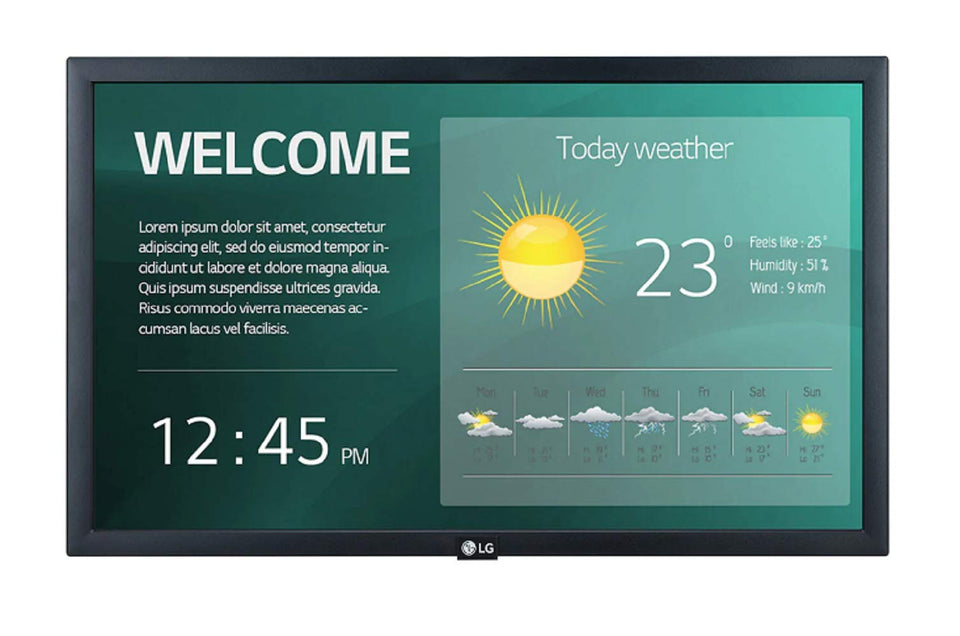 LG 22SM3G-B front view highlights slim bezel for unobtrusive signage