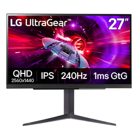 LG 27GR83Q-B stand height and pivot adjust for ergonomic comfort.