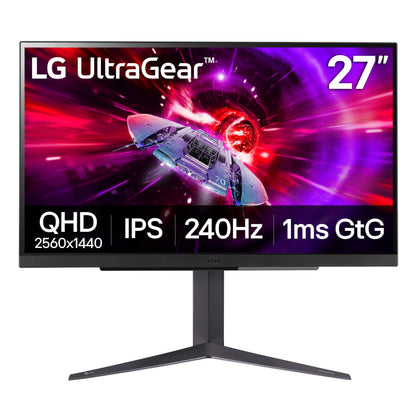 LG 27GR83Q-B stand height and pivot adjust for ergonomic comfort.