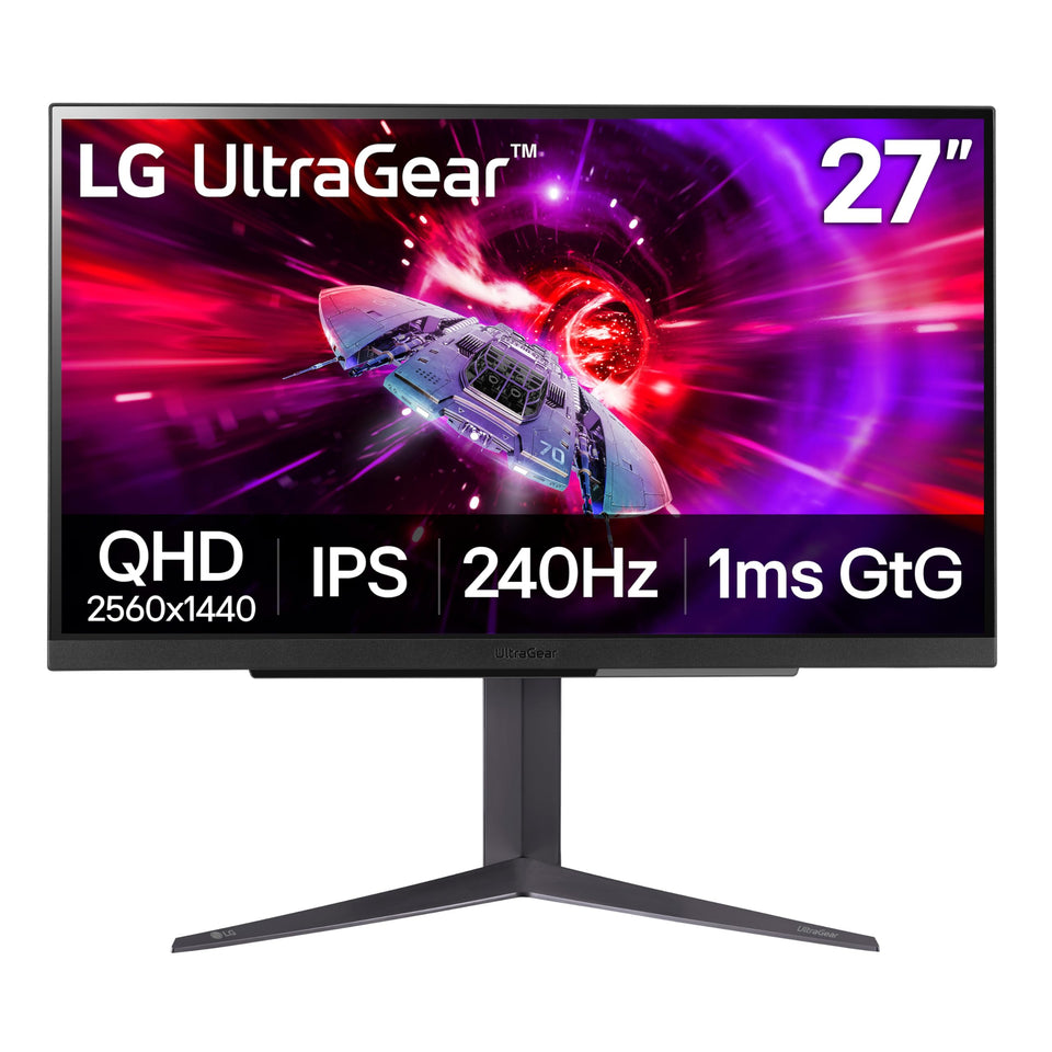 LG 27GR83Q-B stand height and pivot adjust for ergonomic comfort.