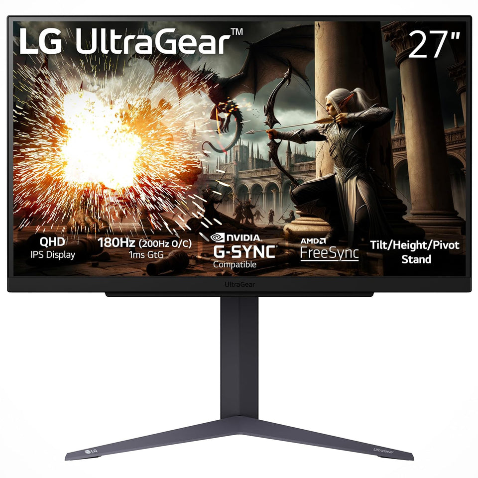 LG 27GS75QX-B front view highlights bold Ultragear styling for immersive gaming.