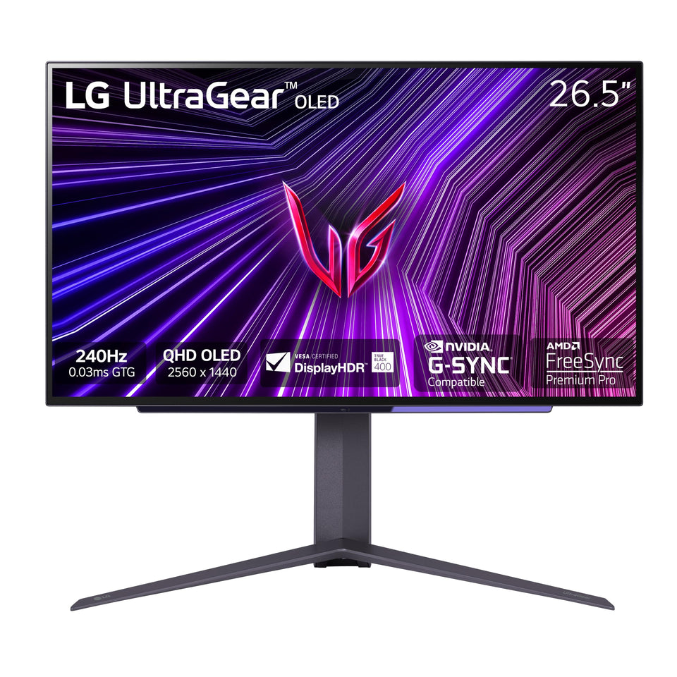 LG 27GS95QE Ultragear OLED monitor front view highlighting immersive gaming display