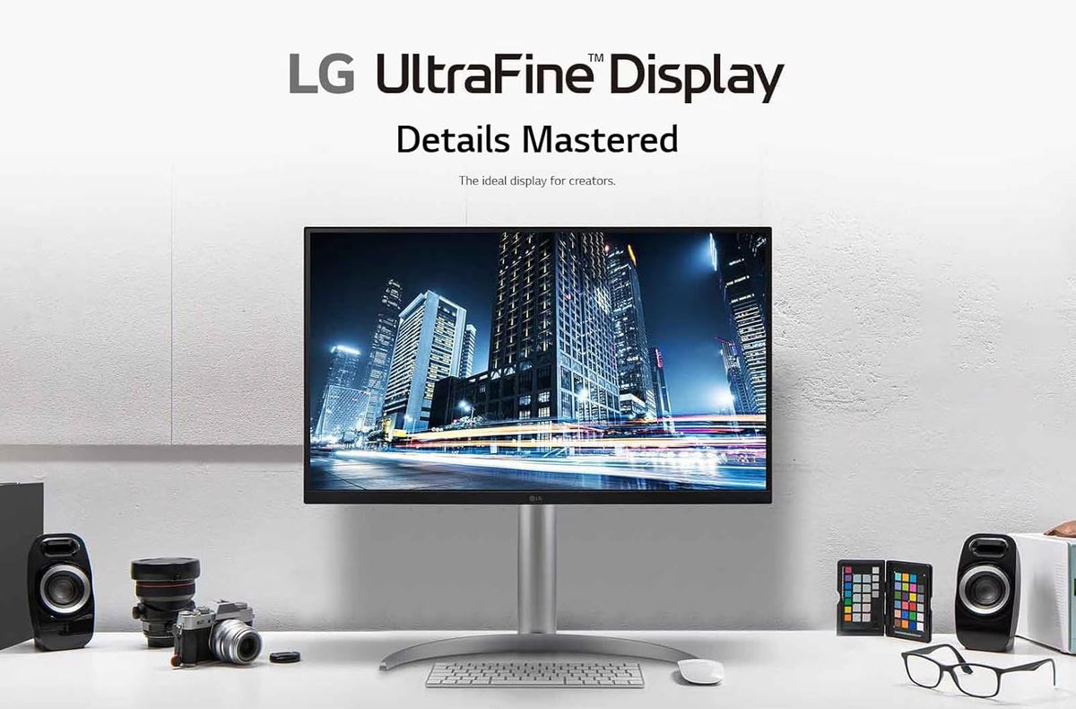 LG 27-inch UHD monitor ergonomic stand with tilt and height adjustment.
