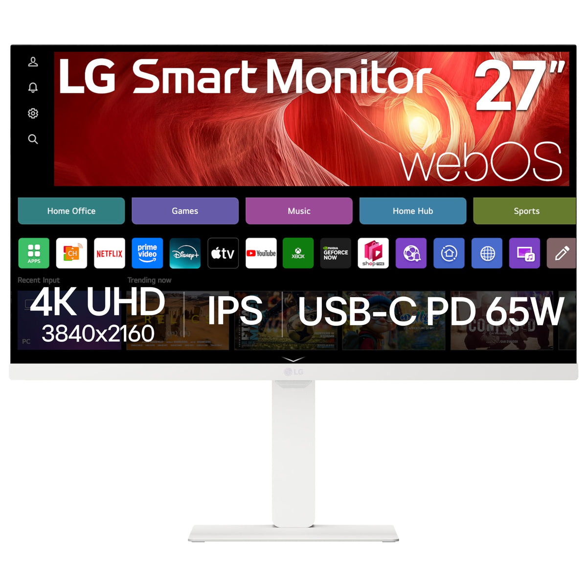 LG 27U730SA-W front view highlights a 4K display with clear colors