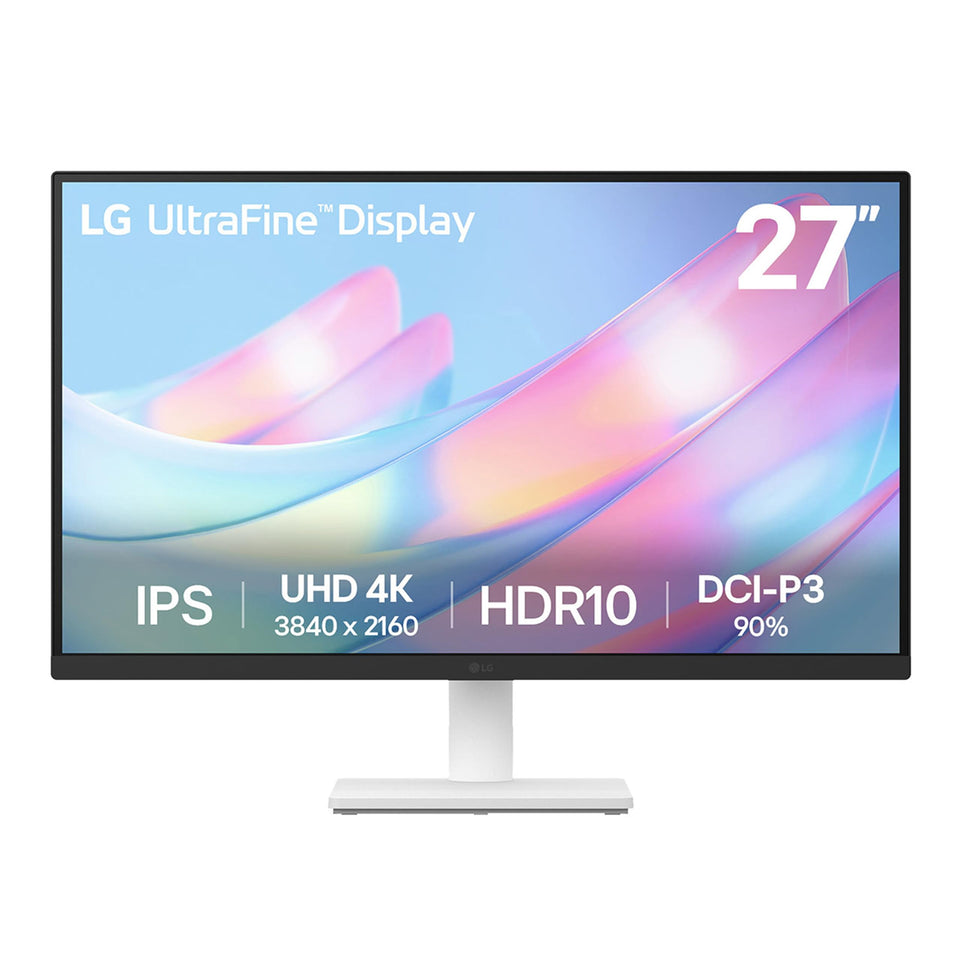 LG 27US500-W unboxed with stand for a clean, modern workspace.