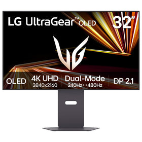 LG 32GX870A-B front-angle highlights a sleek gaming setup with focused display emphasis