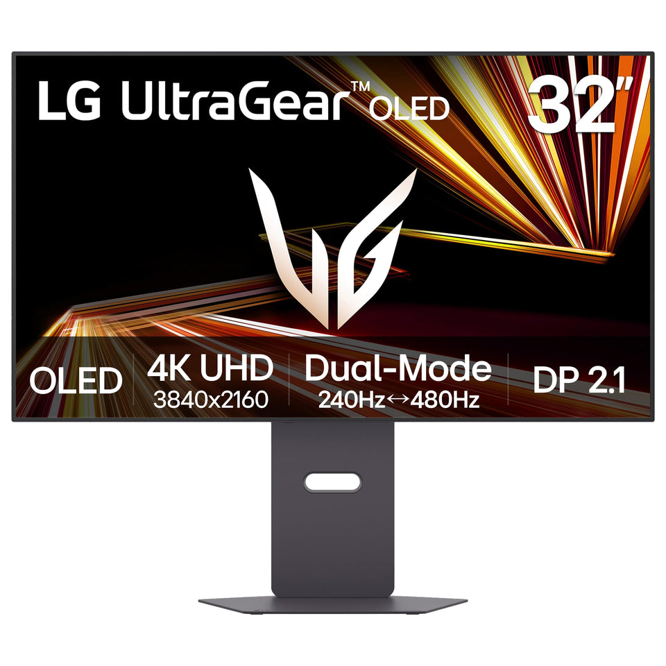 LG 32GX870A-B front-angle highlights a sleek gaming setup with focused display emphasis