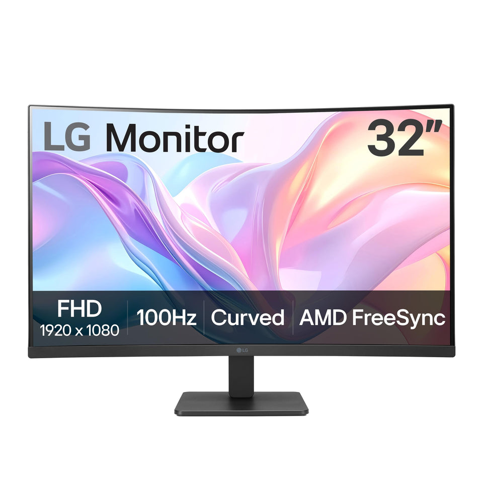 LG 32MR50C-B front view shows immersive 32-inch curved monitor for work and entertainment.
