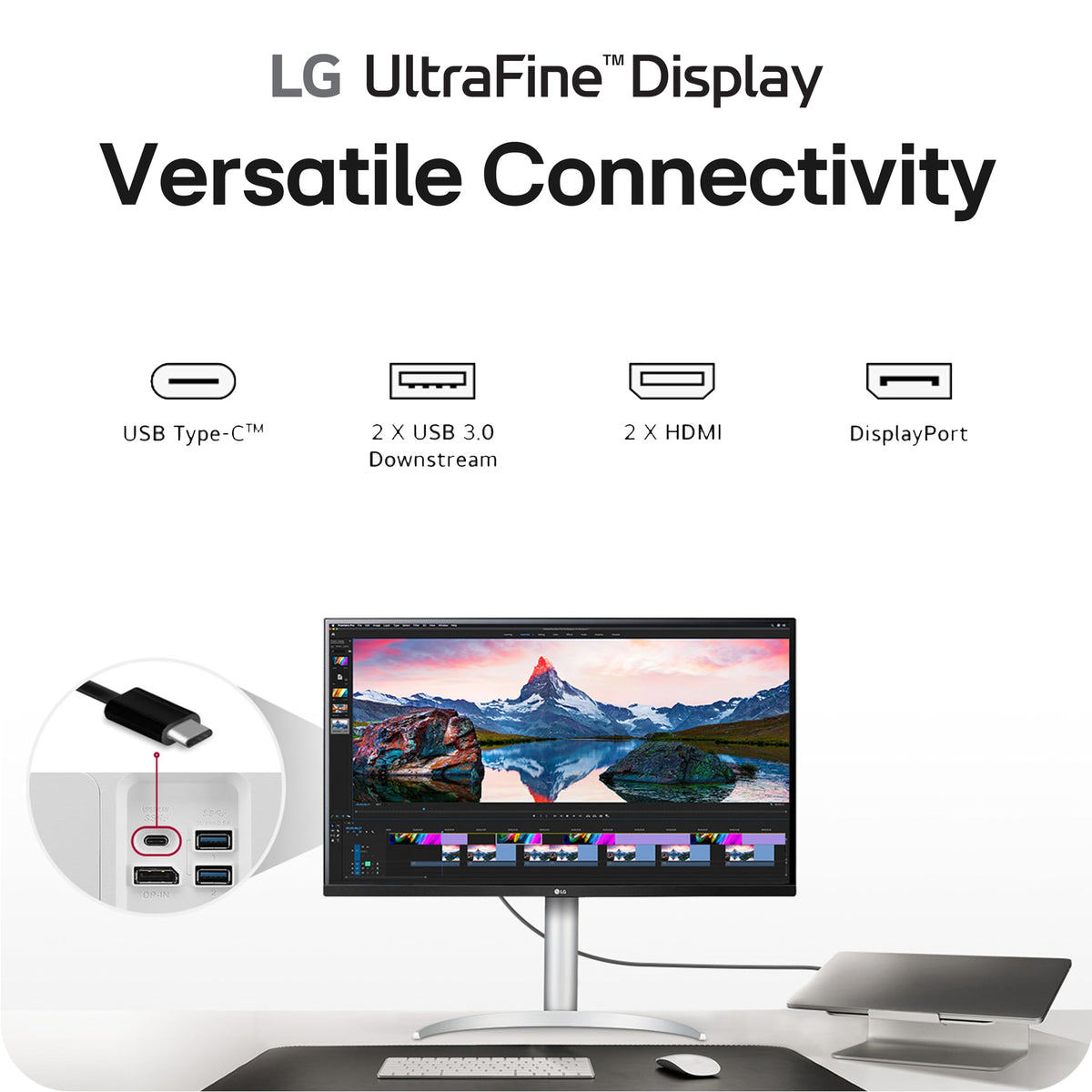 LG 32UP83AK-W ergonomic stand enables height, tilt, and pivot adjustments