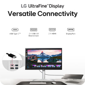 LG 32UP83AK-W ergonomic stand enables height, tilt, and pivot adjustments