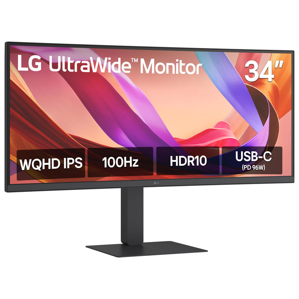 LG 34U650A-B ultrawide monitor showcases a roomy workspace for multitasking.