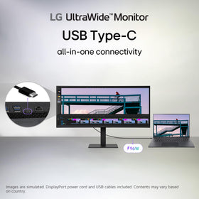 LG 34U650A-B USB-C PD up to 96W enables clean laptop charging.
