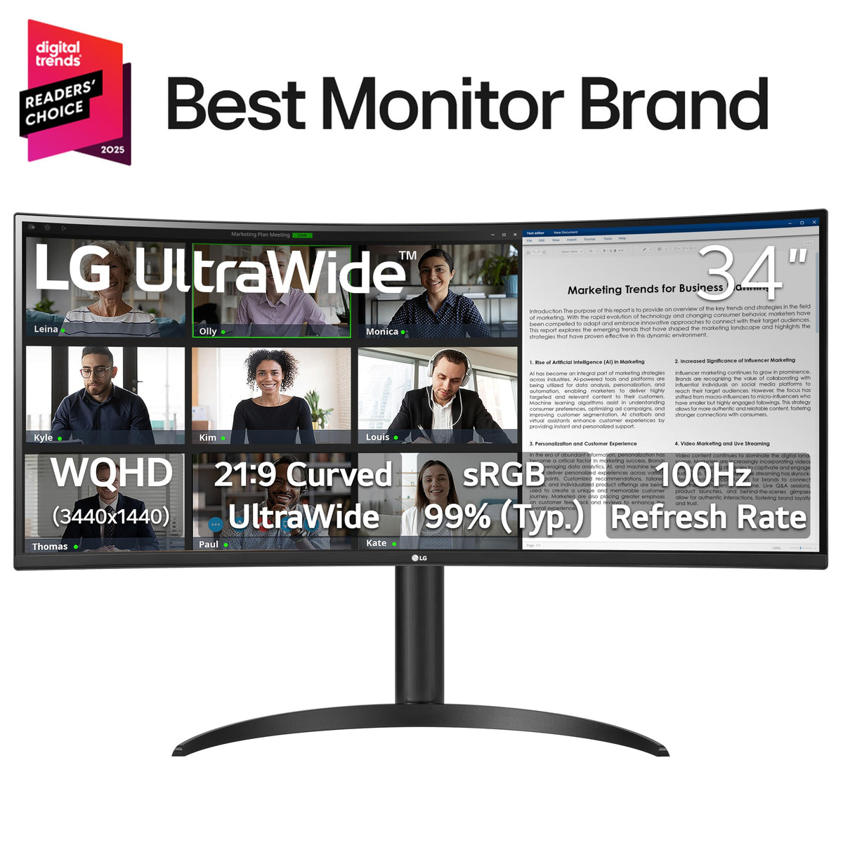 LG 34WR55QK-B WQHD 3440x1440 resolution delivers sharp detail for work and media.