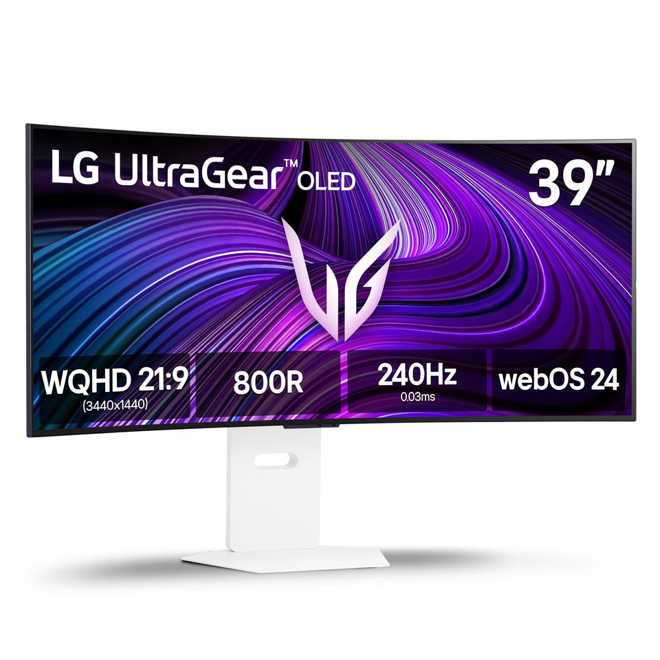 LG 39GX90SA-W OLED curved close-up showing immersive display and vibrant color for gaming.