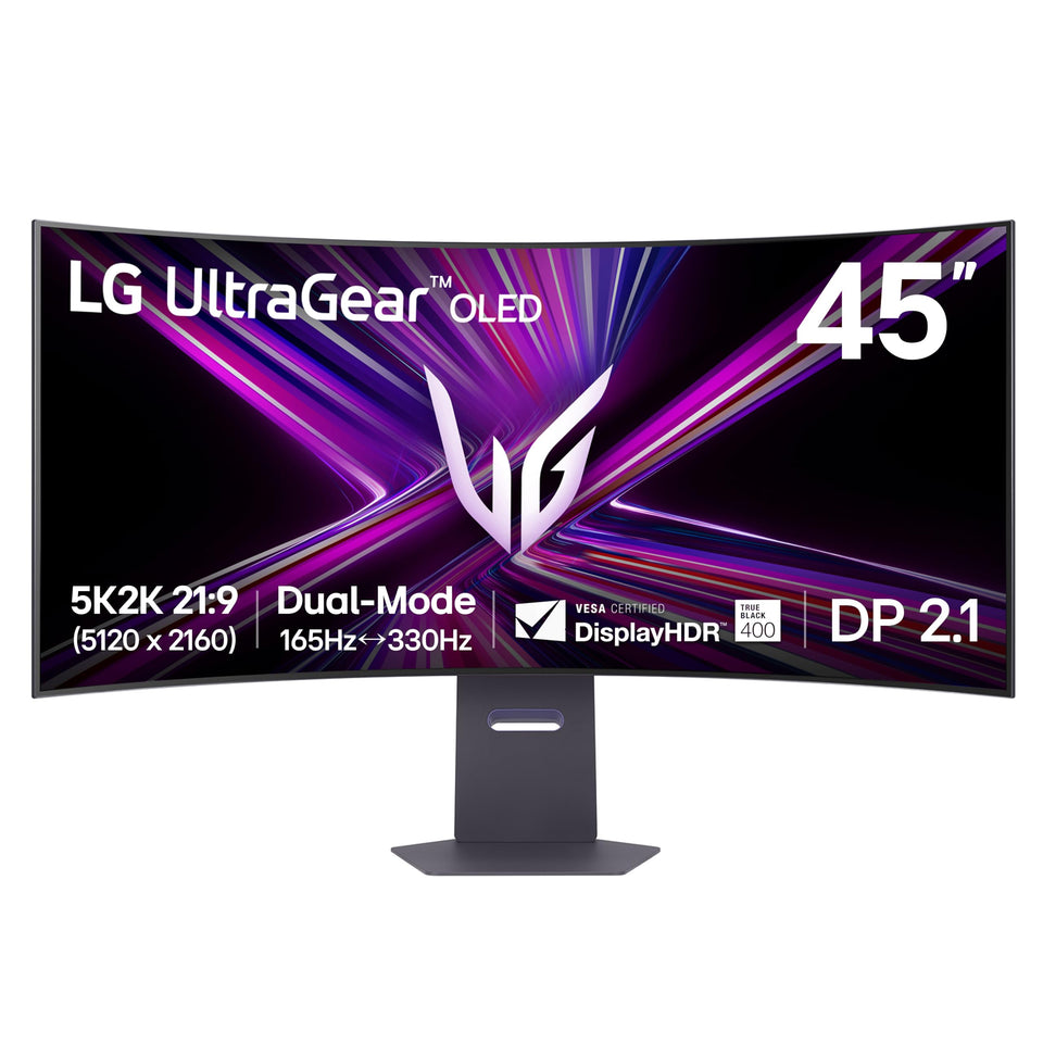 LG 45GX950A-B main view highlights immersive 45-inch OLED curved gaming display.