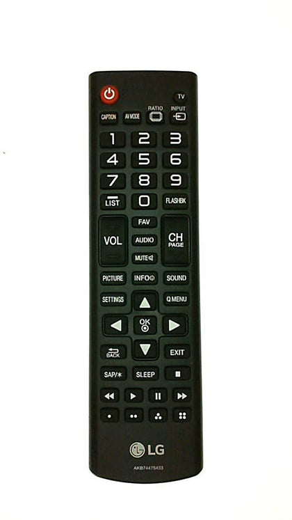 LG AKB74475433 remote control, compatible with several LG TVs for easy navigation.