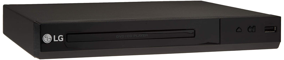 LG DVD player front view demonstrates 1080p upscaling for sharper standard DVDs.