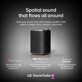 LG M7 Sound Suite Dolby Atmos FlexConnect shows flexible speaker placement for adaptive sound.