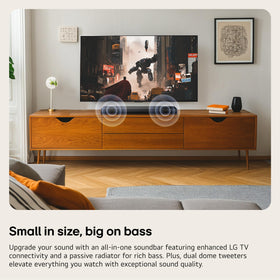 LG S20A side profile highlighting slim form that fits beneath a TV