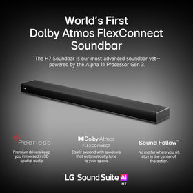 LG Sound Suite H7 Alpha11 Gen3 processor powers intelligent sound optimization.