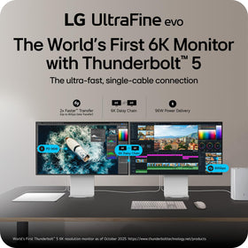 LG UltraFine evo 6K ergonomic stand offers tilt, height, and pivot adjustability.