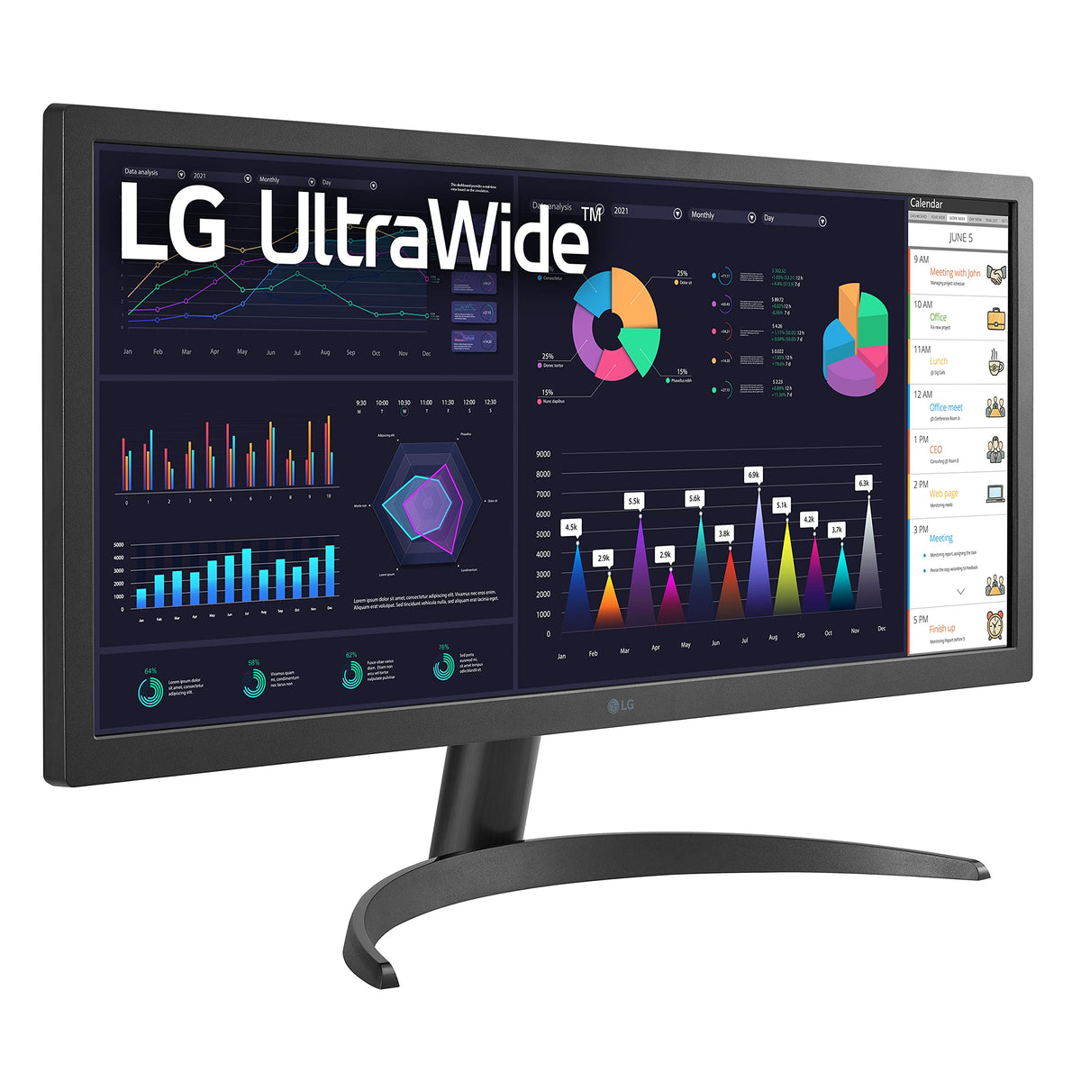 LG UltraWide 26WQ500-B ergonomic stand with tilt, height, and pivot