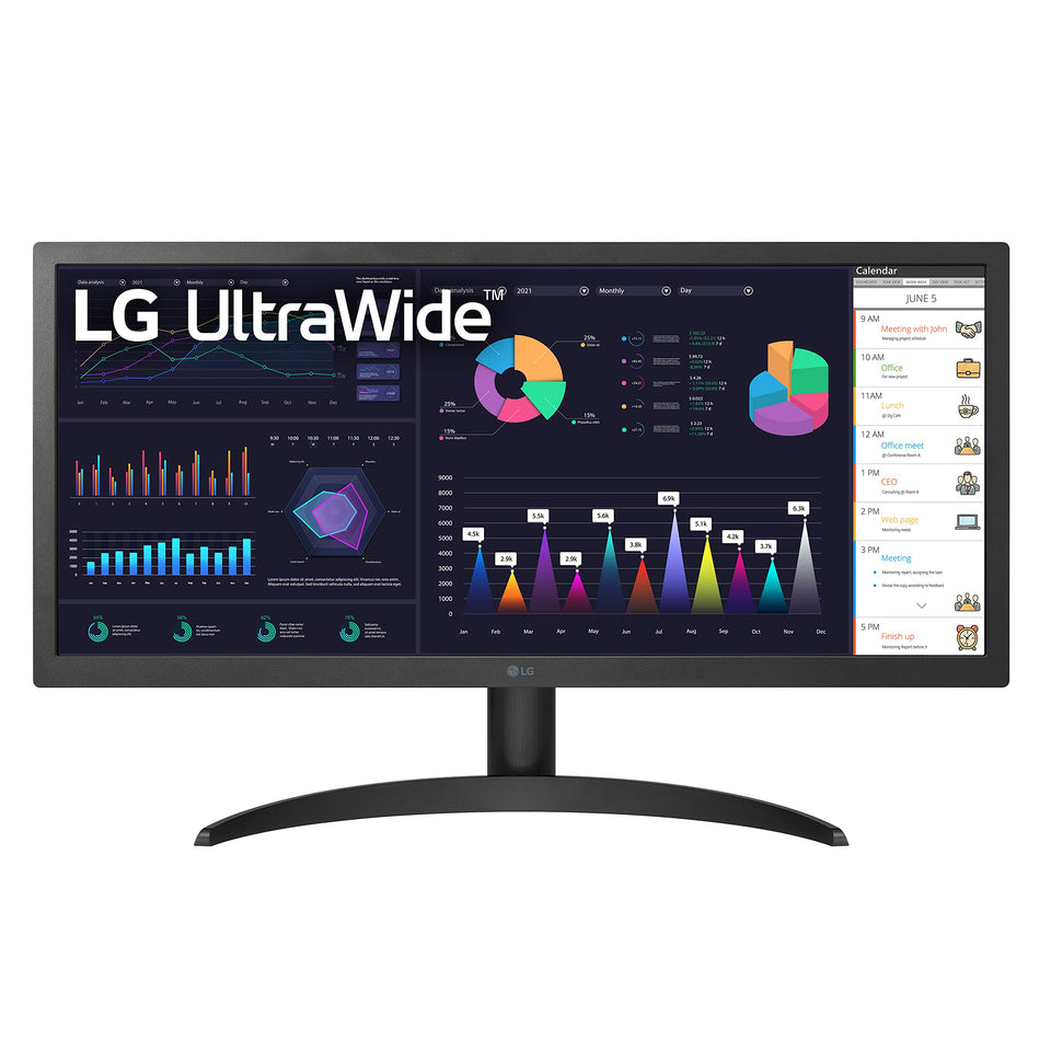 LG UltraWide 26WQ500-B front view shows a sleek black chassis for immersive gaming
