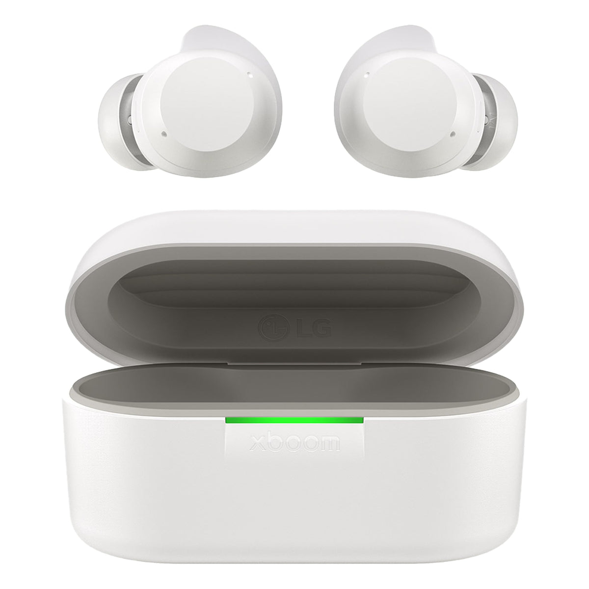 Sleek white design of LG xboom Buds for a modern look.