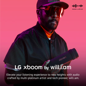 LG xboom Grab driver close-up highlighting racetrack woofer and tweeter for deeper bass