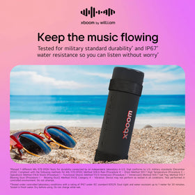 lg xboom Grab Core strapped to backpack showing secure carry for biking and hiking