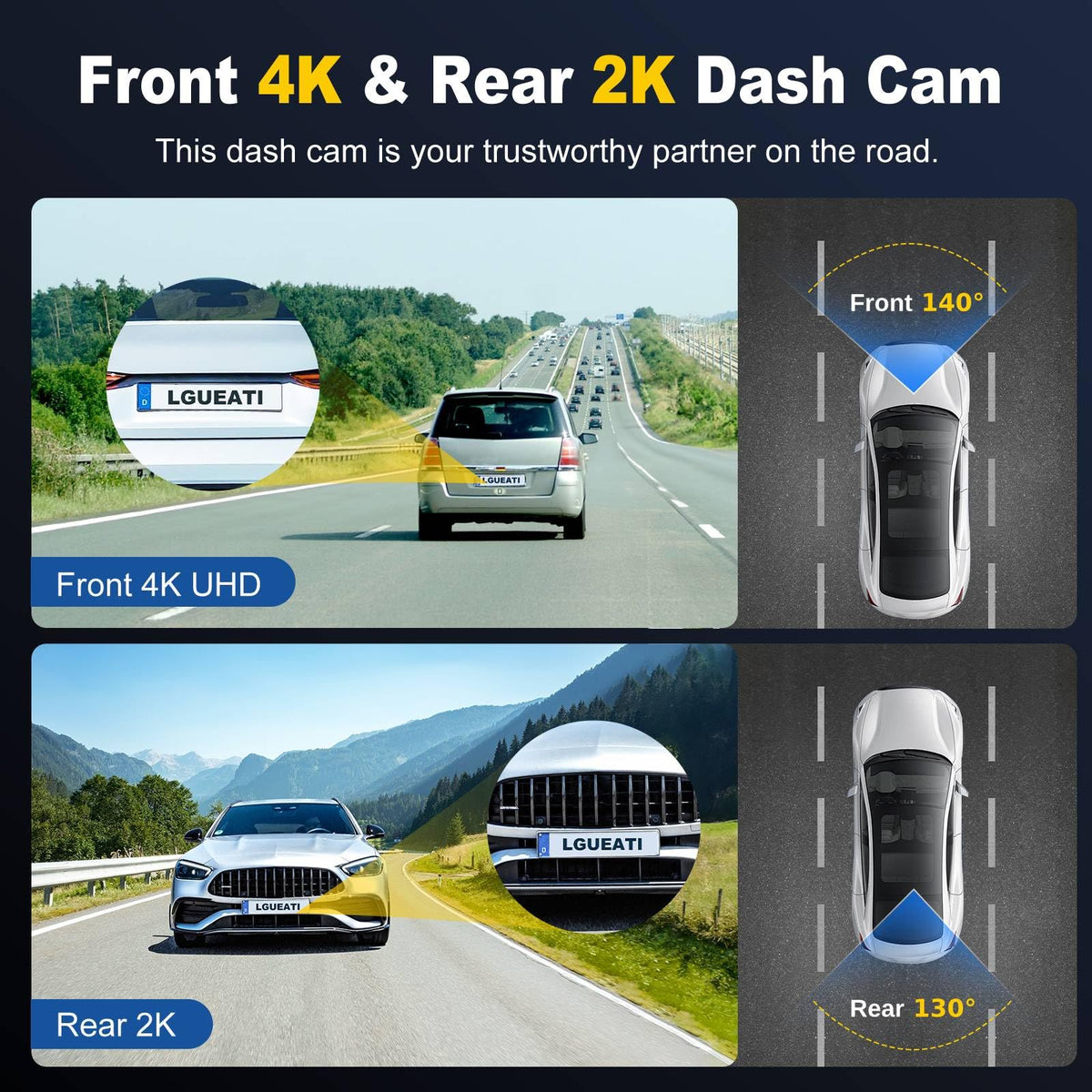 Lgueati dashcam front-wide-140-deg reduces blind spots during highway drives