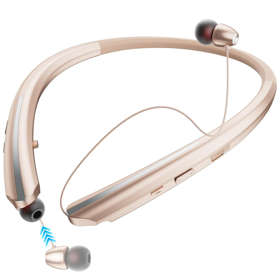 LHKLUK neckband headphones with retractable earbuds for on-the-go comfort.