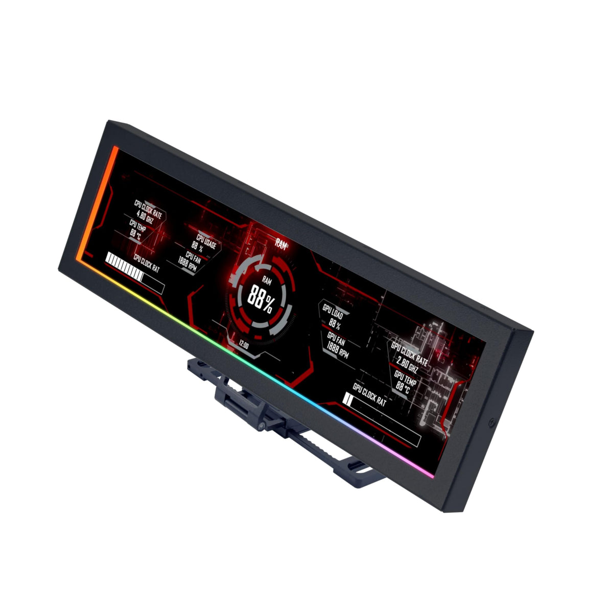 Lian Li 8.8 universal screen mounted on bracket for easy viewing