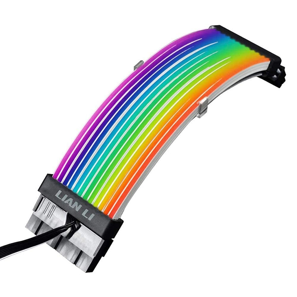 Lian Li Addressable RGB Strimer Plus 24-Pin front view with vibrant lighting for PC builds.