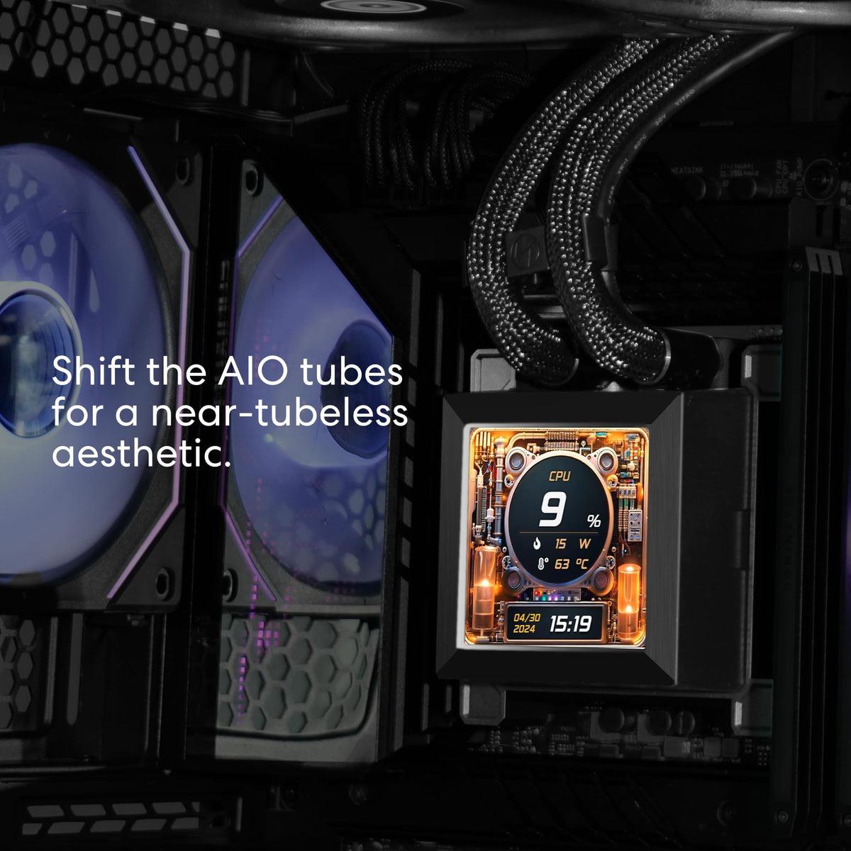 Lian Li HydroShift 360 AIO 2.88-inch LCD screen with 480x480 resolution.