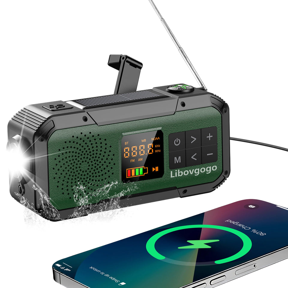Libovgogo emergency radio front view highlights rugged outdoor preparedness.