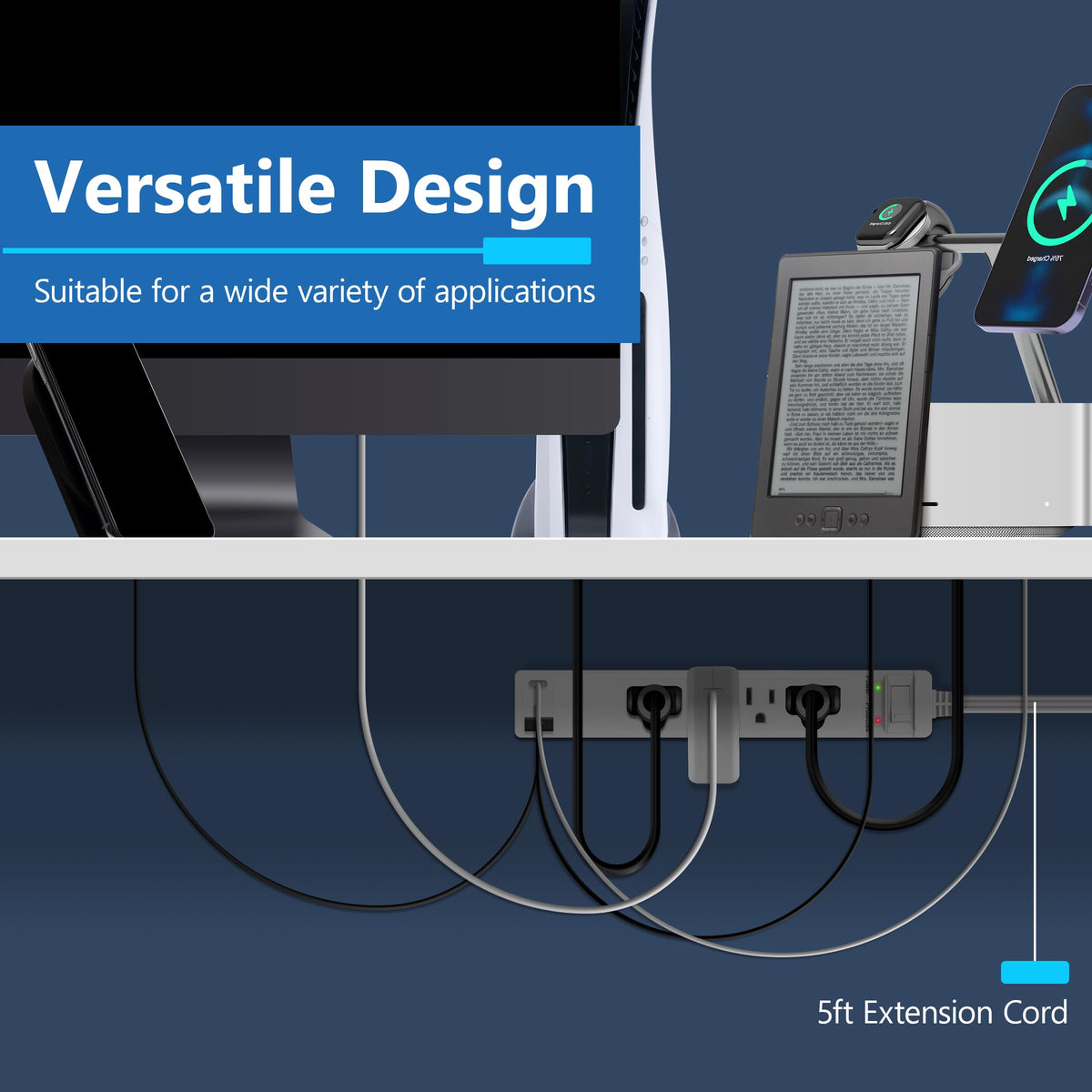 LIDER on a desk charging phone and laptop, organizes cords and devices