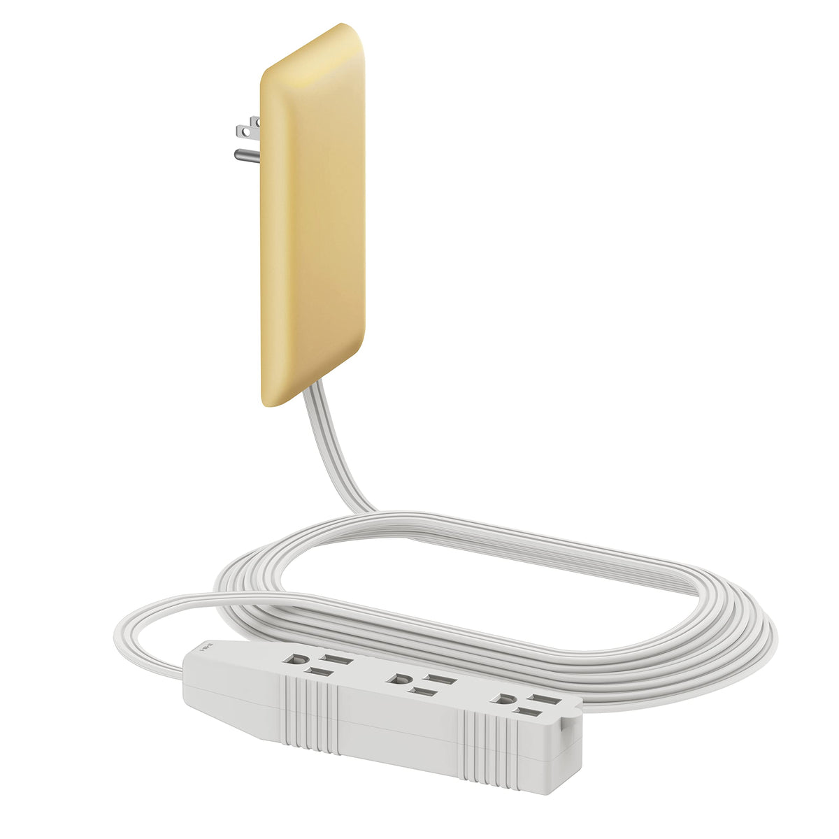 LIDER flat-face outlet extender front view showing slim profile and three receptacles for tidy power