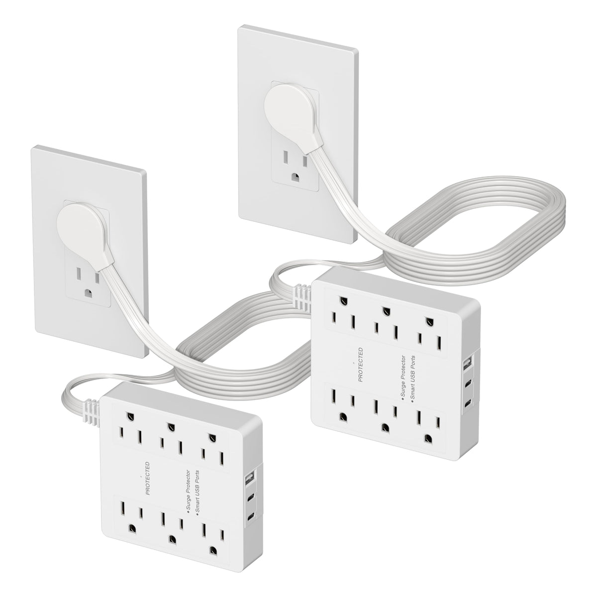 LIDER front view matte white outlet extender showing six outlets and USB ports for organized charging