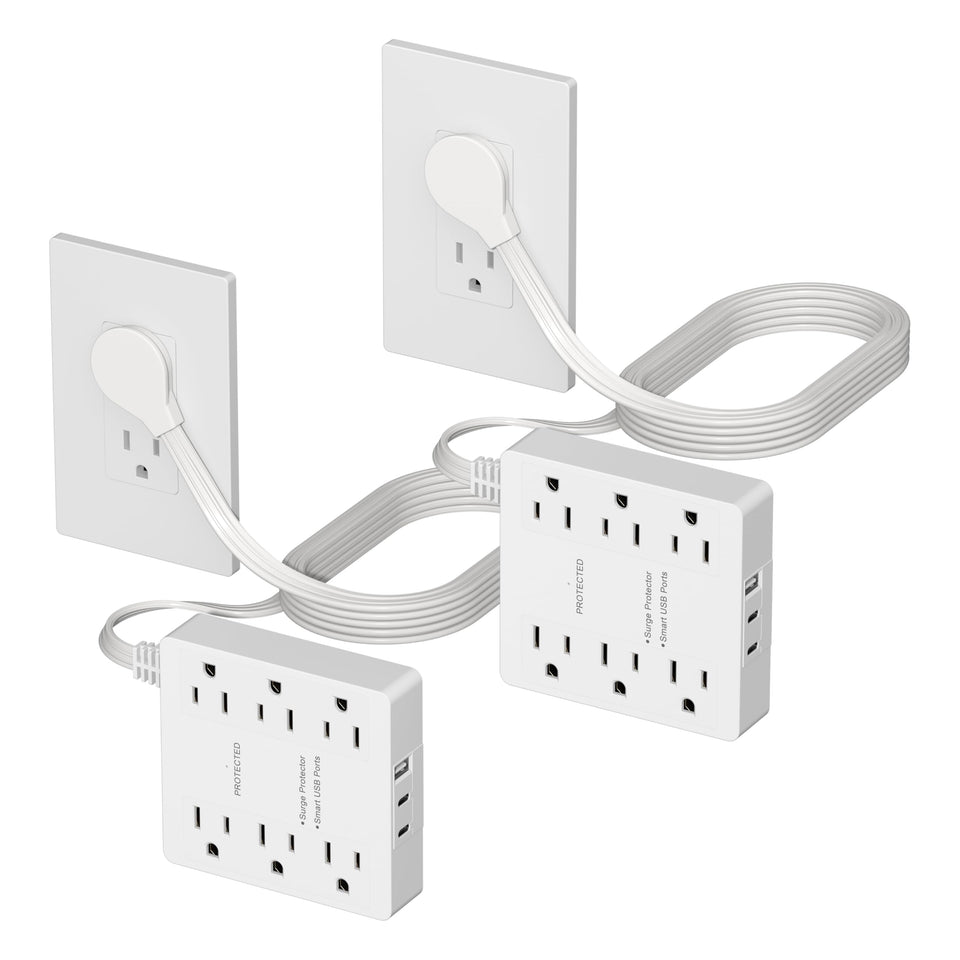 LIDER front view matte white outlet extender showing six outlets and USB ports for organized charging