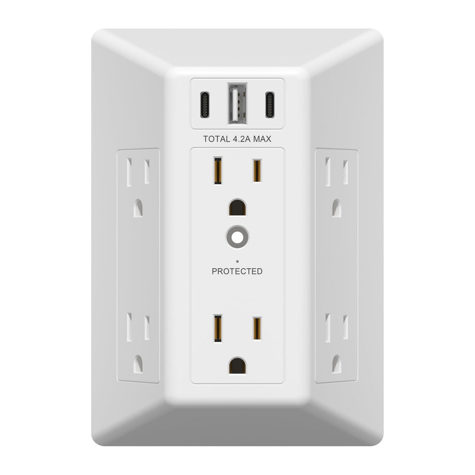 LIDER front view matte white surge protector showing outlets and USB ports for versatile charging